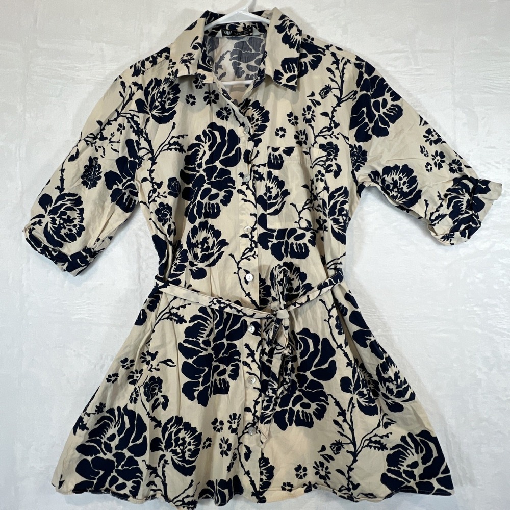 Zara Dress Floral Ivory Navy Blue Mini 100% Cotton Tie Waist Womens Size Large